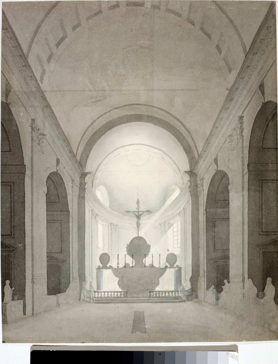 Vnitřní pohled na kostel (kresba a akvarel, cca 1825) od Luigi Garibbo