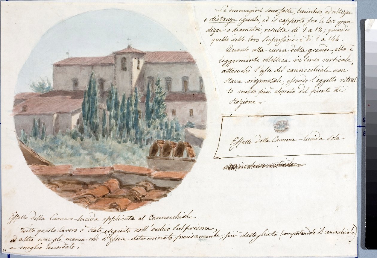 Teleskopický pohled na kostel San Salvatore al monte poblíž Florencie (kresba a akvarel, cca 1833) od Luigi Garibbo