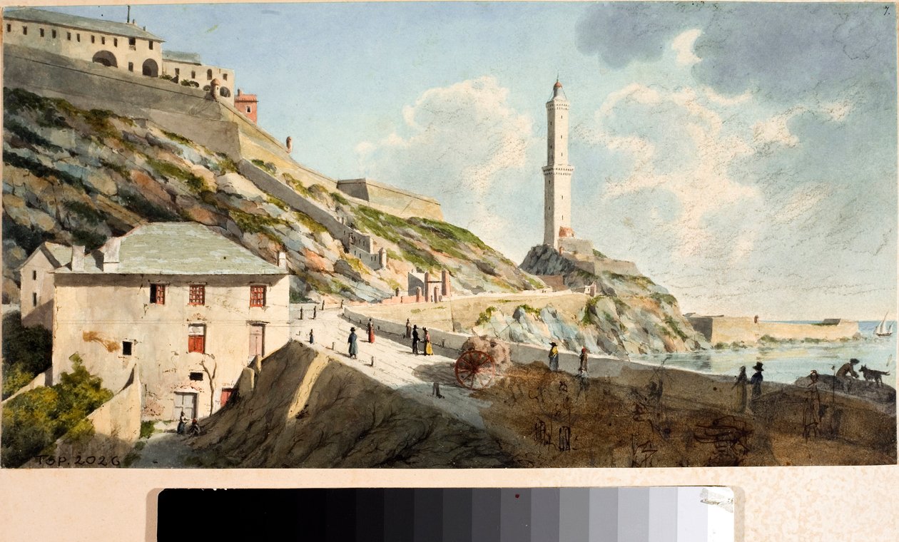 Lanterna, maják města Janova (Akvarel, cca 1825) od Luigi Garibbo
