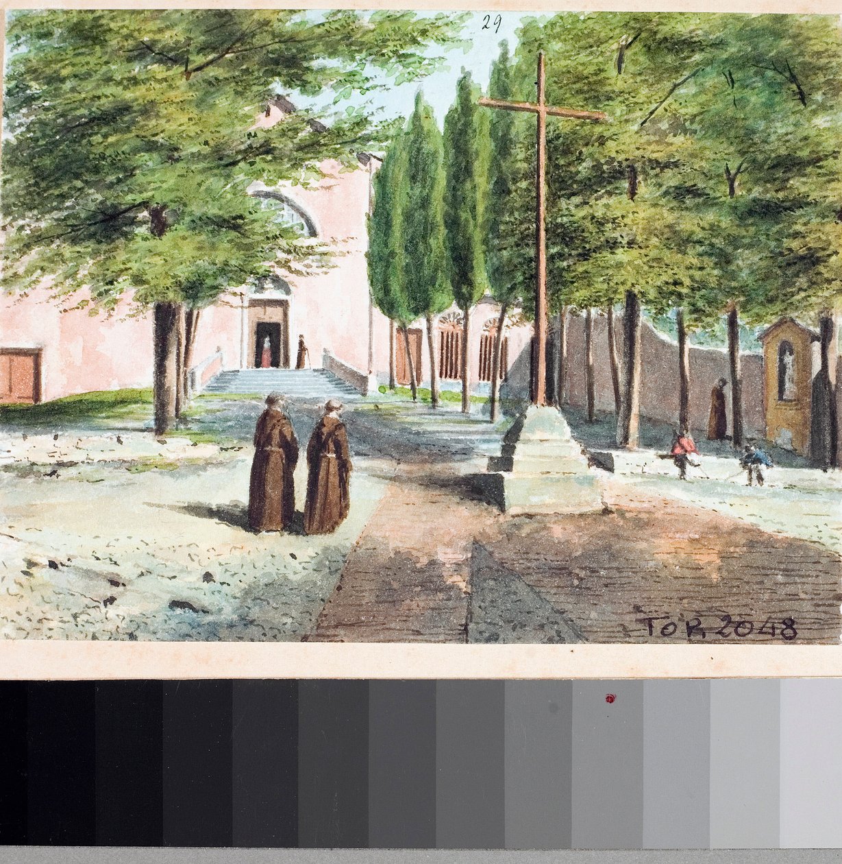 Pohled na kapucínský kostel, Janov (kresba a akvarel, cca 1825) od Luigi Garibbo