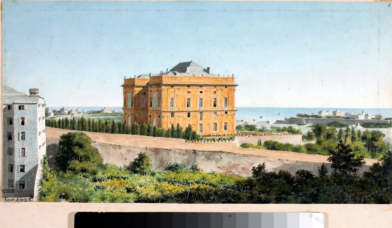 Pohled na Palazzo Pallavicini s názvem Palazzo delle Peschiere, Janov (akvarel, cca 1825) od Luigi Garibbo