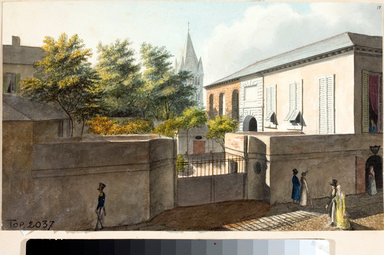 Pohled na Villa Faraggiana a zvonici Pre (kresba a akvarel, cca 1825) od Luigi Garibbo