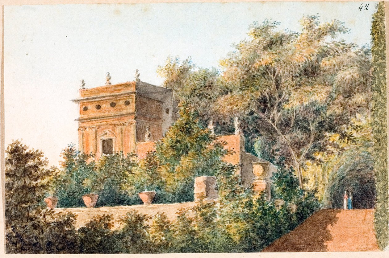 Pohled na Villa Pallavicini delle Peschiere, Janov (akvarel, cca 1825) od Luigi Garibbo