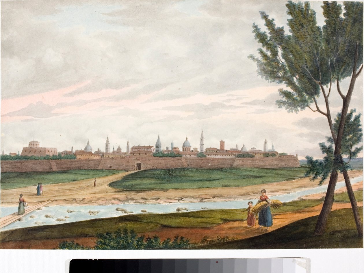 Pohled na opevněné město, pravděpodobně Lucca v Toskánsku (inkoust a akvarel, cca 1820) od Luigi Garibbo