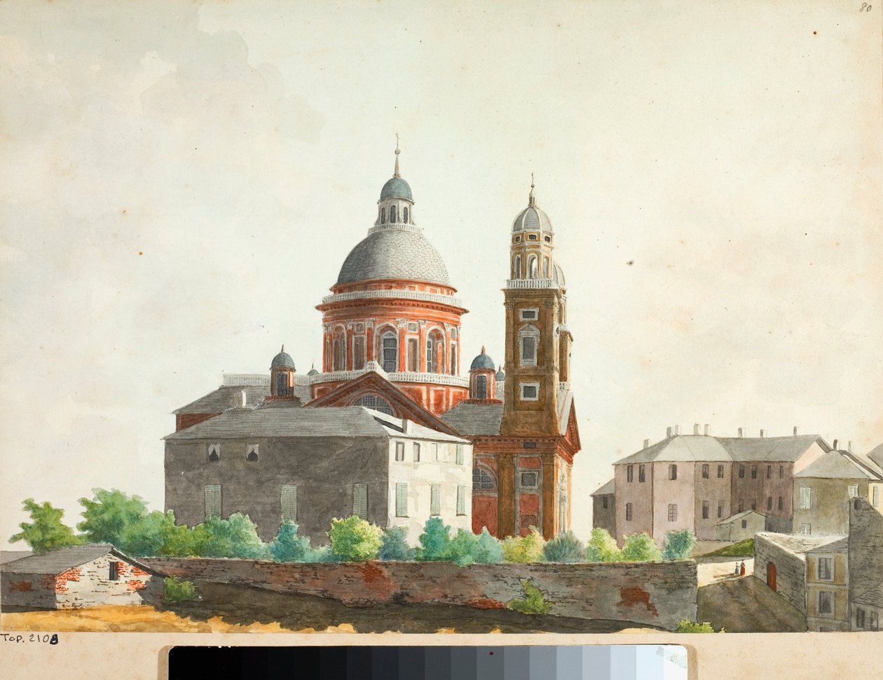 Pohled na baziliku Santa Maria Assunta di Carignano v Janově (akvarel od Luigi Garibbo