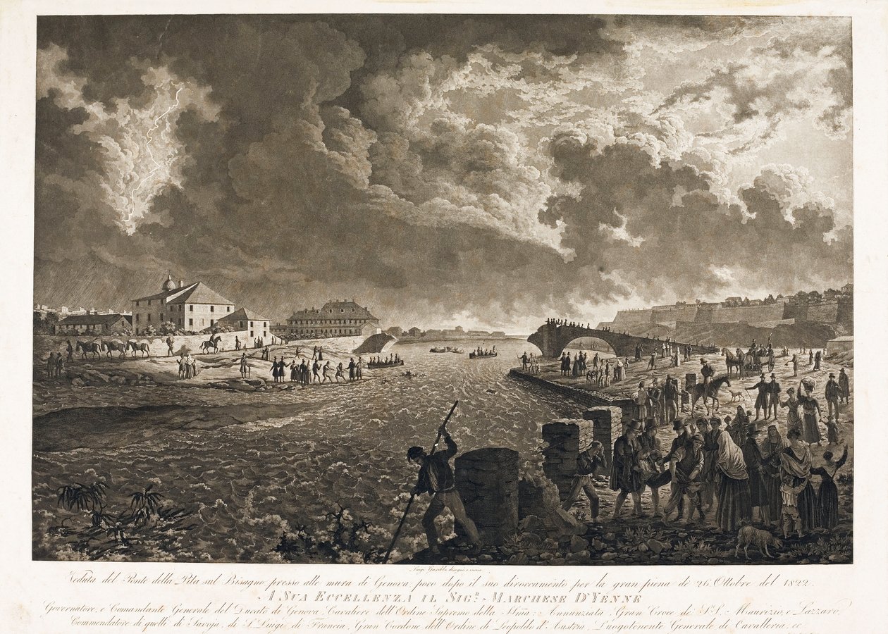 Pohled na most Pila v Janově po povodni bystřiny Bisagno 26. 10. 1822 (Let, kolem 1822) od Luigi Garibbo