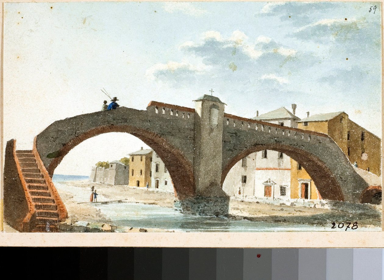 Pohled na most přes Leiru ve Voltri, Janov (akvarel, cca 1820) od Luigi Garibbo