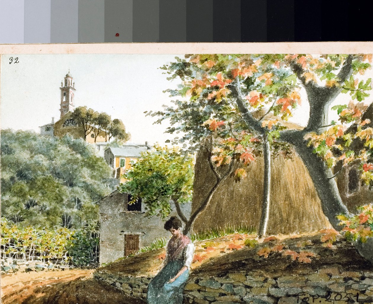 Pohled na kostel San Bartolomeo na hoře Staglieno, Janov (kresba a akvarel, cca 1825) od Luigi Garibbo