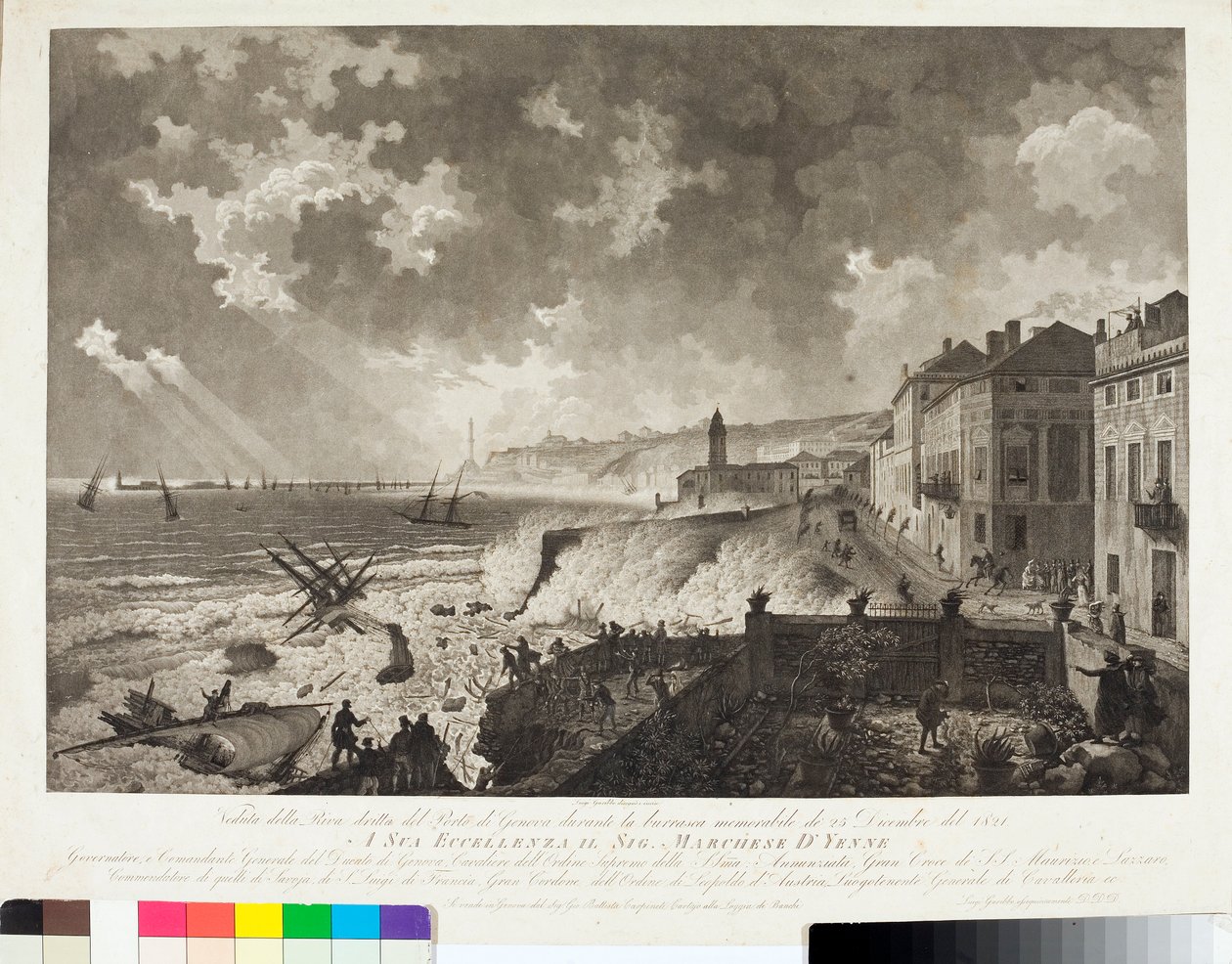 Pohled na přístav v Janově během Tempete 25/12/1821 (rytina, cca 1821) od Luigi Garibbo