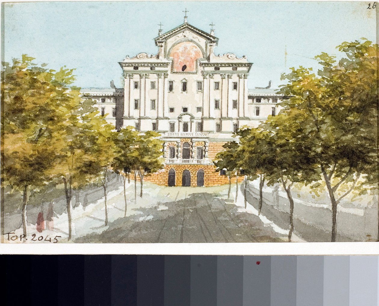 Pohled na hospic chudých v Janově (kresba a akvarel, cca 1825) od Luigi Garibbo