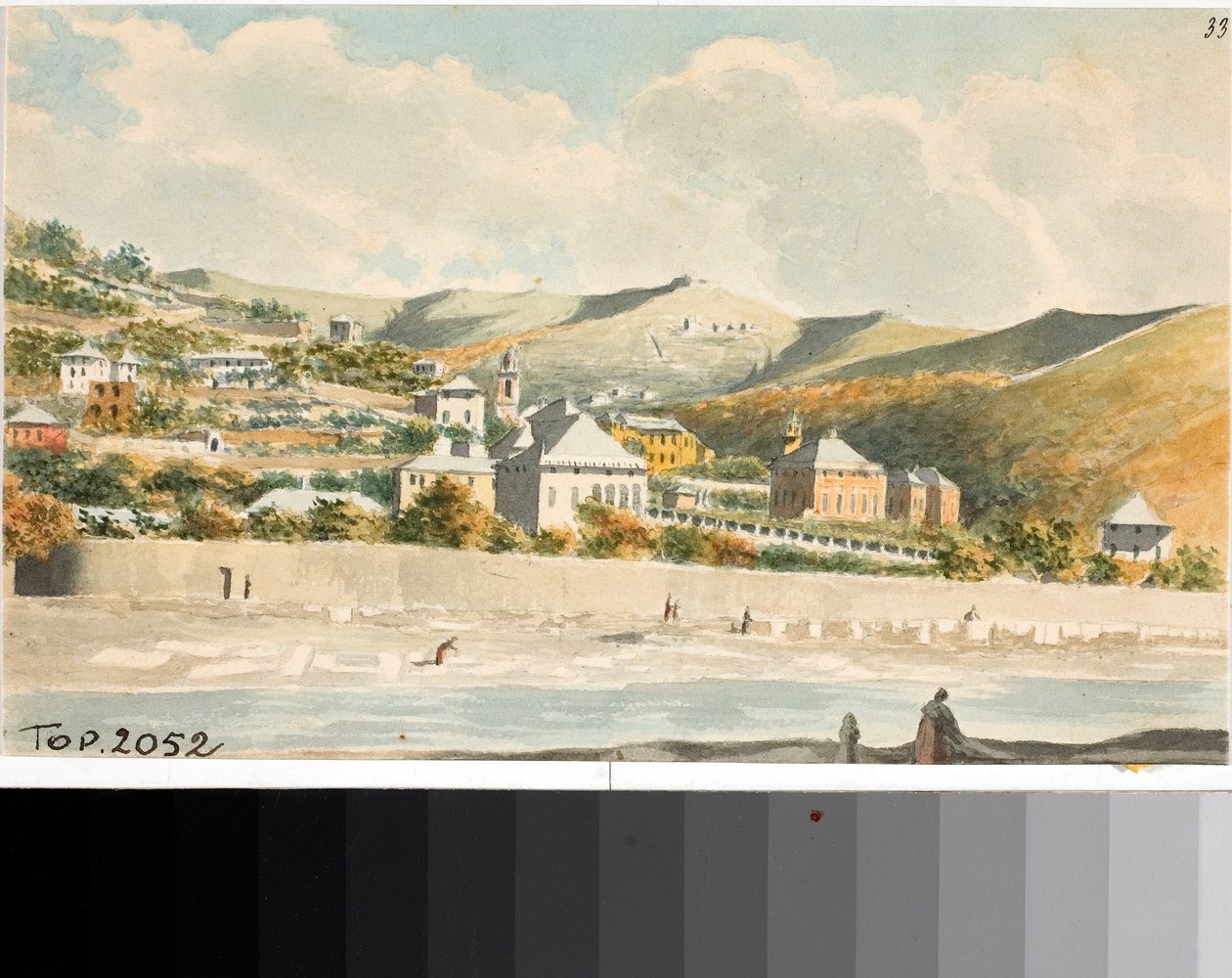 Pohled na kopec Marassi se zvonicí kostela Santa Margherita poblíž Janova (Akvarel, cca 1825) od Luigi Garibbo