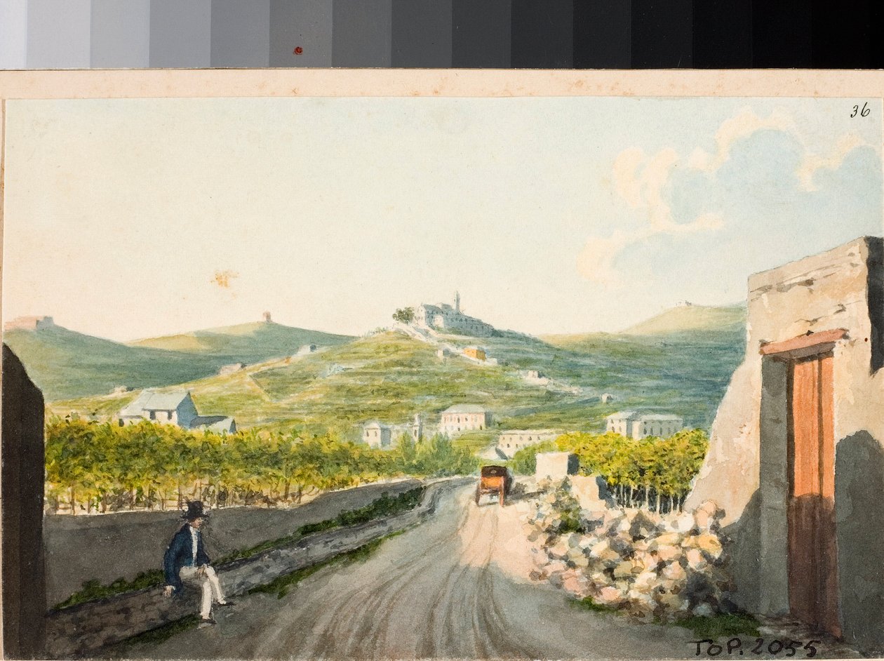 Pohled na svatyni Nostra Signora del Monte, Janov (akvarel, cca 1825) od Luigi Garibbo