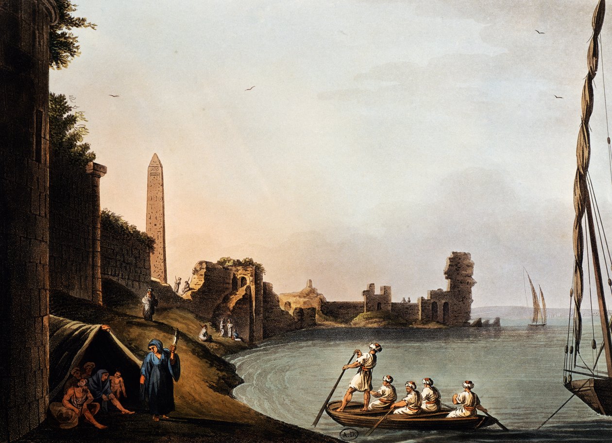 Starověké zdi a obelisk Kleopatry, Luigi Mayer (1755-1803), rytina z Vedute od Luigi Mayer