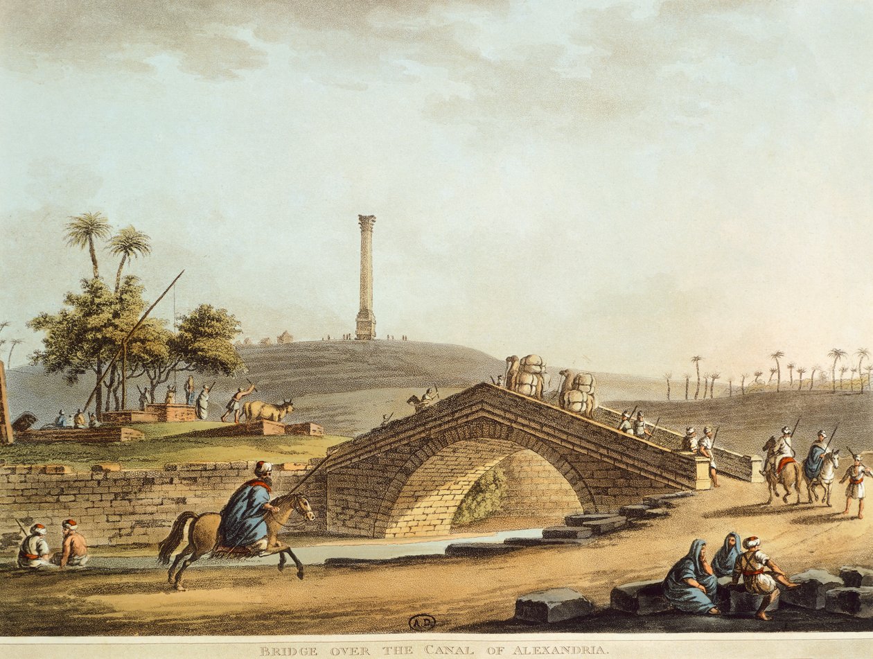 Egypt, most přes Alexandrijský kanál, Luigi Mayer, rytina od Luigi Mayer