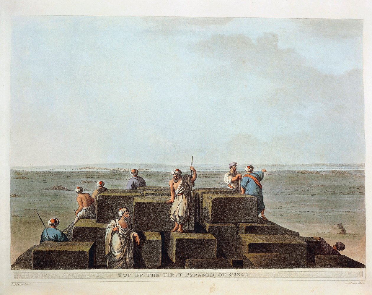 Egypt, vrchol první pyramidy v Gíze, rytina z "Pohledy" od Luigiho Mayera od Luigi Mayer