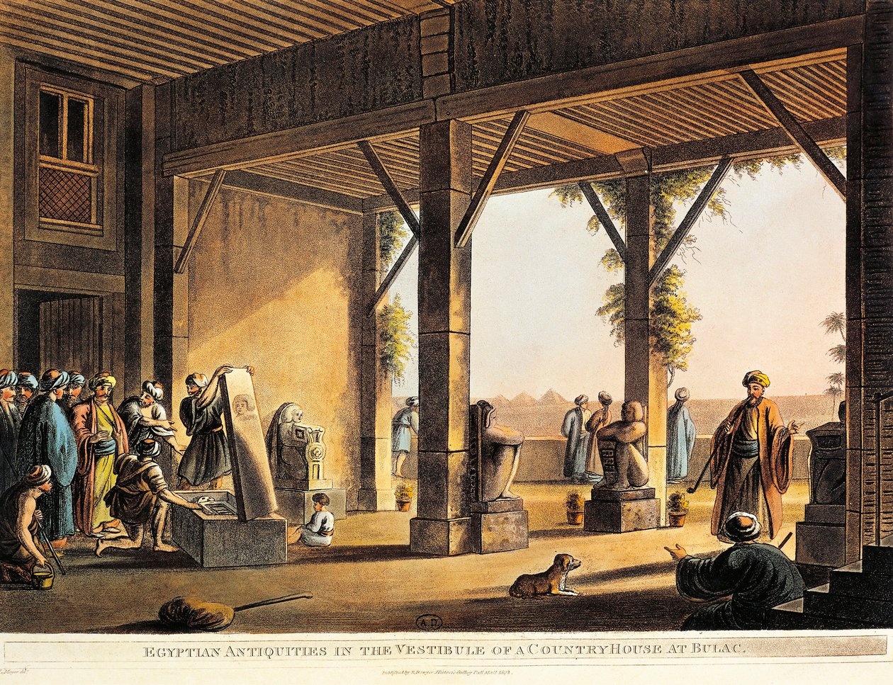 Egyptské starožitnosti na dvoře domu Boulaq z Pohledů v Egyptě od Luigi Mayera, rytina od Luigi Mayer