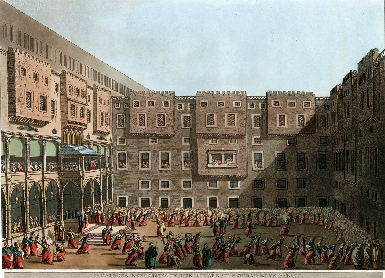 ""Mamlukové cvičí na nádvoří paláce Mourad Bey, Tunis"" (Mamlukové cvičí na náměstí paláce Murad Bey) Litografie Luigi Mayera (1755-1803) - 1802 Rozměr 22,9x31,6 cm Soukromá sbírka od Luigi Mayer