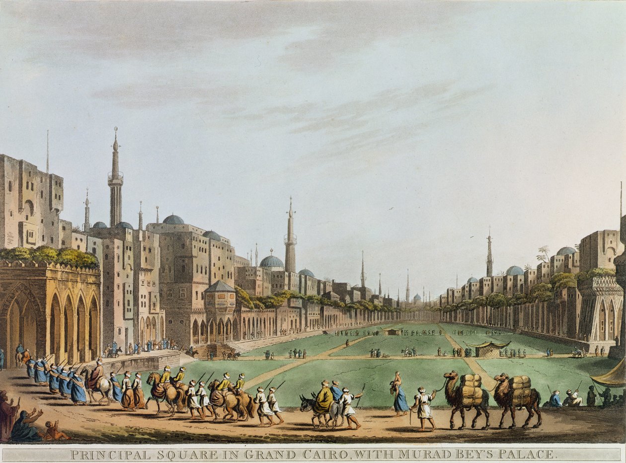 Hlavní náměstí v Grand Cairo, s palácem Murada Beye, deska 27 z „Views in Egypt“, vyryté hospodou Thomasem Miltonem (1743-1827). Robert Bowyer (1758-1834) 1801 (akvatinta) od Luigi Mayer