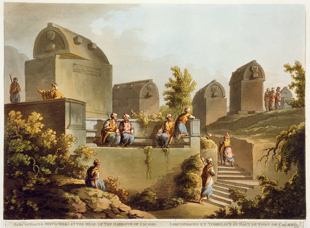 Sarkofágy a hrobky v čele přístavu v Cacamu, z knihy "Pohledy do Osmanské říše", kterou vydal Robert Bowyer (1758-1834) 1803 (akvatinta) od Luigi Mayer