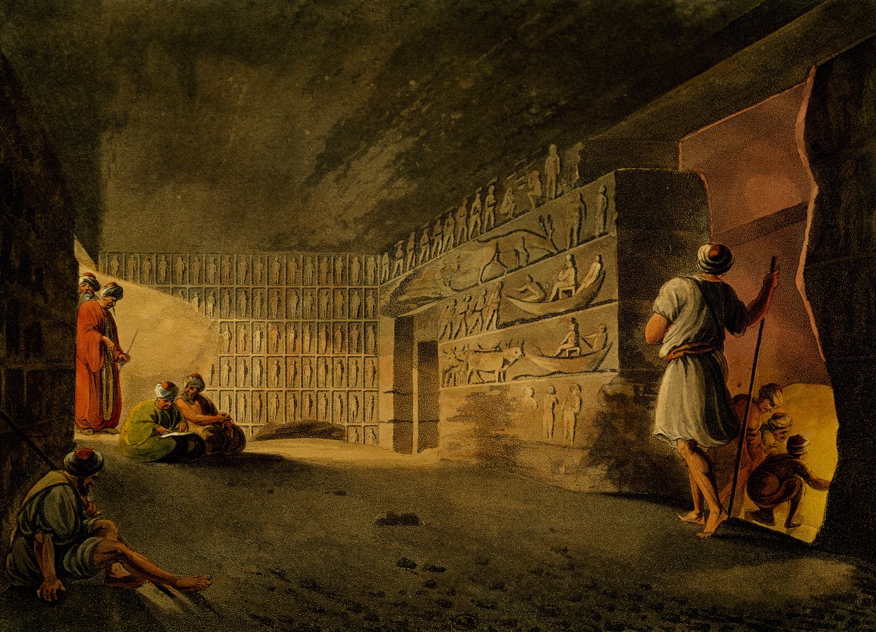 Podzemní komora pyramidy v Gíze, rytina, Luigi Mayer (1755-cca 1803), z Pohledů v Egyptě, Palestině a dalších částech Osmanské říše od Luigi Mayer