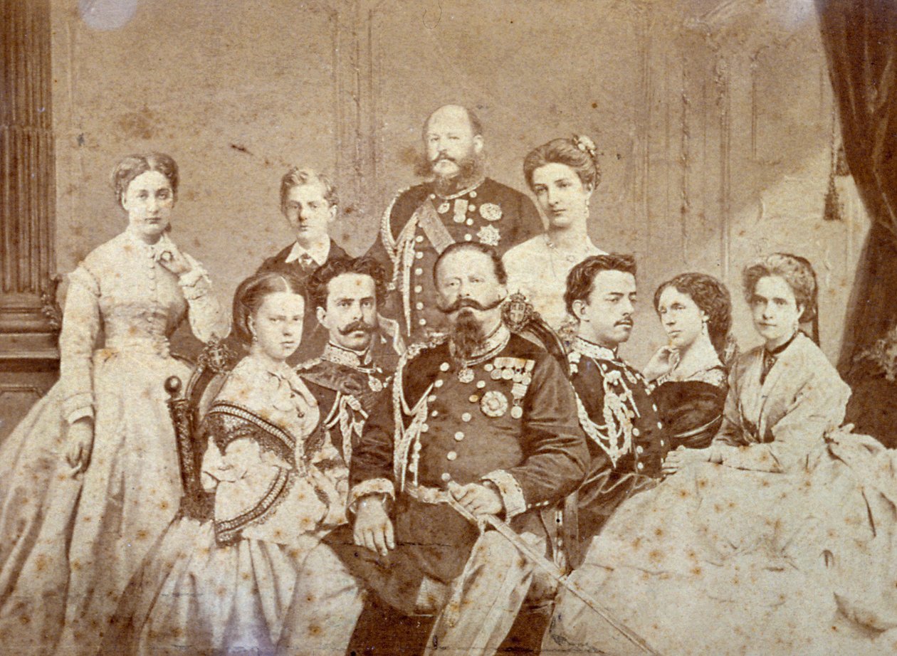 Na obraze jsou vyobrazeni různí členové savojské královské rodiny. Uprostřed sedí Viktor Emanuel II., Umberto I. a Amedeo v plné uniformě, panovníkovy dcery a Alžběta Saská v elegantních šatech. V pozadí, na od Luigi Montabone