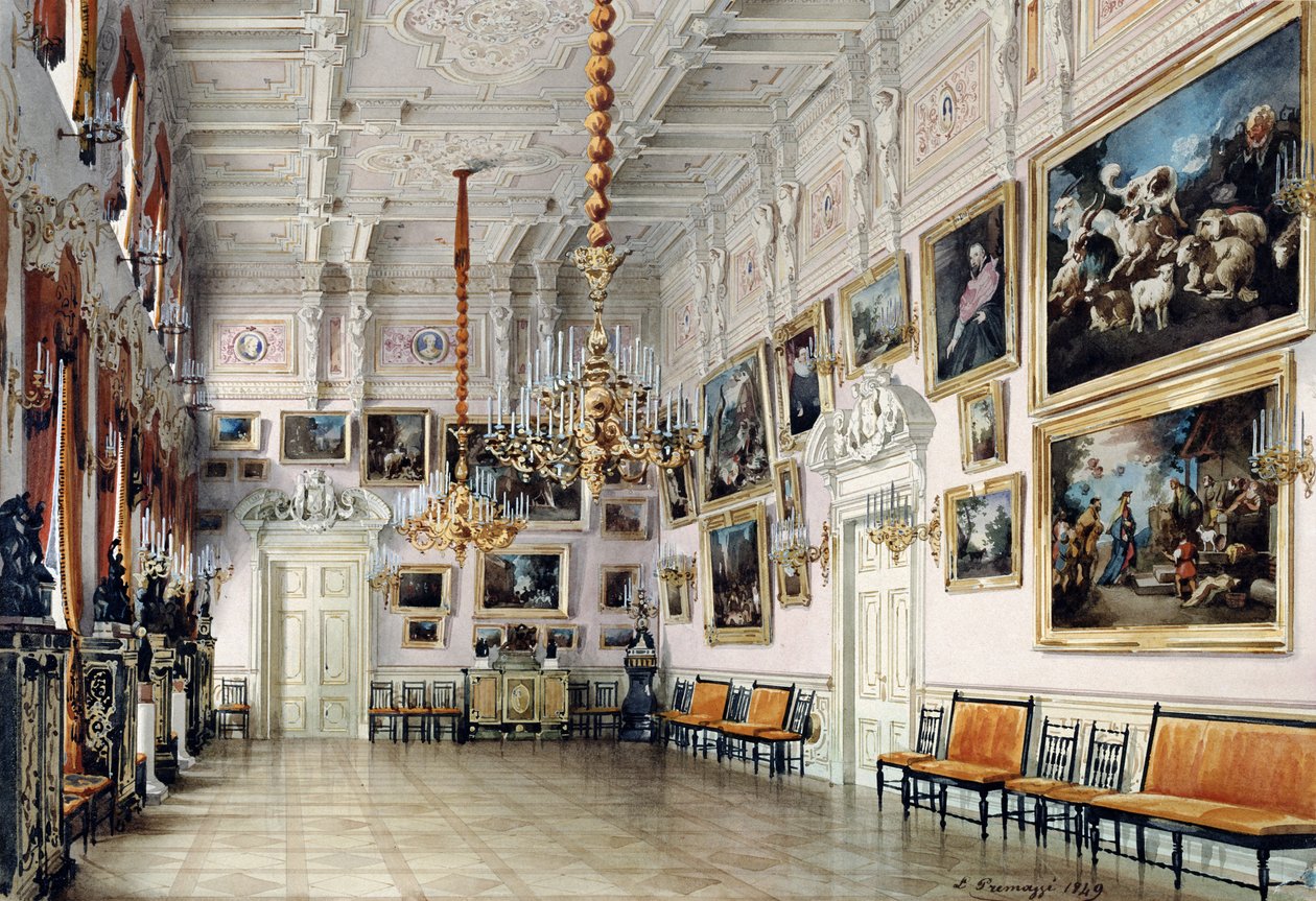 Taneční sál v domě hraběte Bezborodka, Petrohrad, 1849 (pero, štětec, wc, inkoust a bílá barva na papíře, 1849 (pero, štětec, wc, inkoust a bílá barva na papíře) od Luigi Premazzi