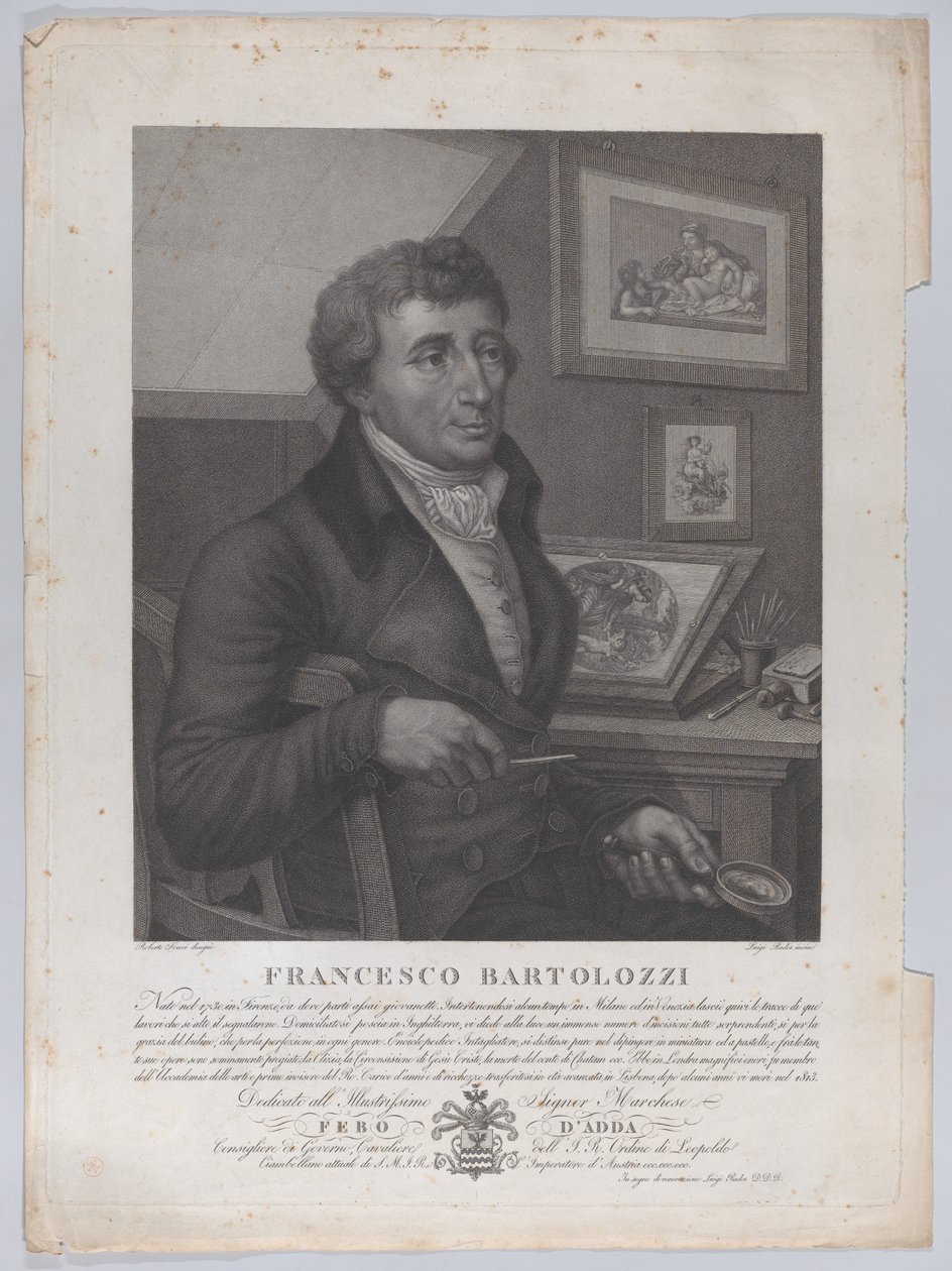 Portrét Francesca Bartolozziho, sedícího, držícího lupu s tiskařským nástrojem..., 1827 od Luigi Rados