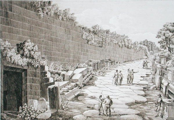 Římská cesta do Tuscula, po jeho prvním výkopu v roce 1825, z „Le Antichita dei contorni di Roma“, publikovaná 1824-26 (lept) od Luigi Rossini