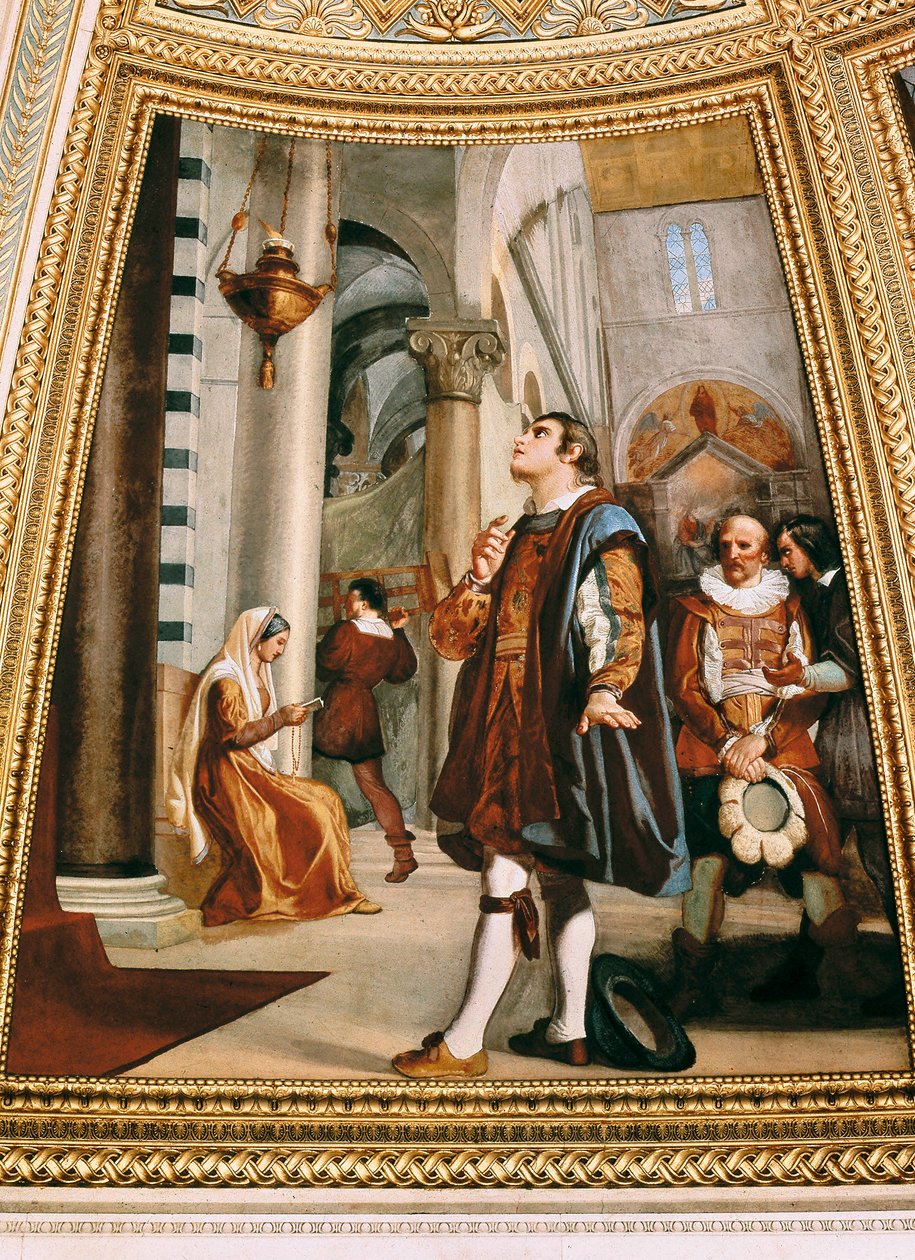 Galileo Galilei sleduje lustr houpající se tam a zpět v katedrále v Pise 1582 od Luigi Sabatelli