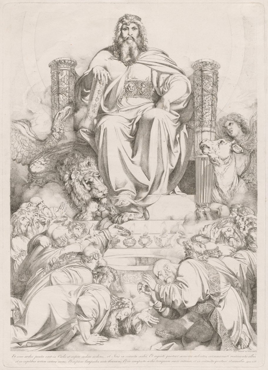Et ecce sedes posita erat in coelo... (Bůh, syn ve majestátu na trůnu, obklopený čtyřmi stvořeními a uctíván čtyřiadvaceti staršími) od Luigi Sabatelli I