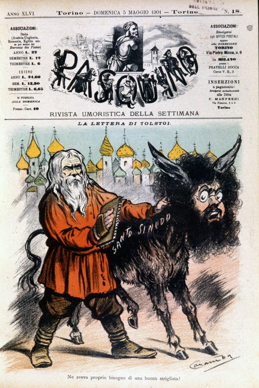 Karikatura o Tolstém od Luigiho Sapelliho Caramby (1865-1936) týkající se dopisu zaslaného Tolstým Svatému stolci. Obálka Pasquina z 5.5.1901. od Luigi Sapelli Caramba