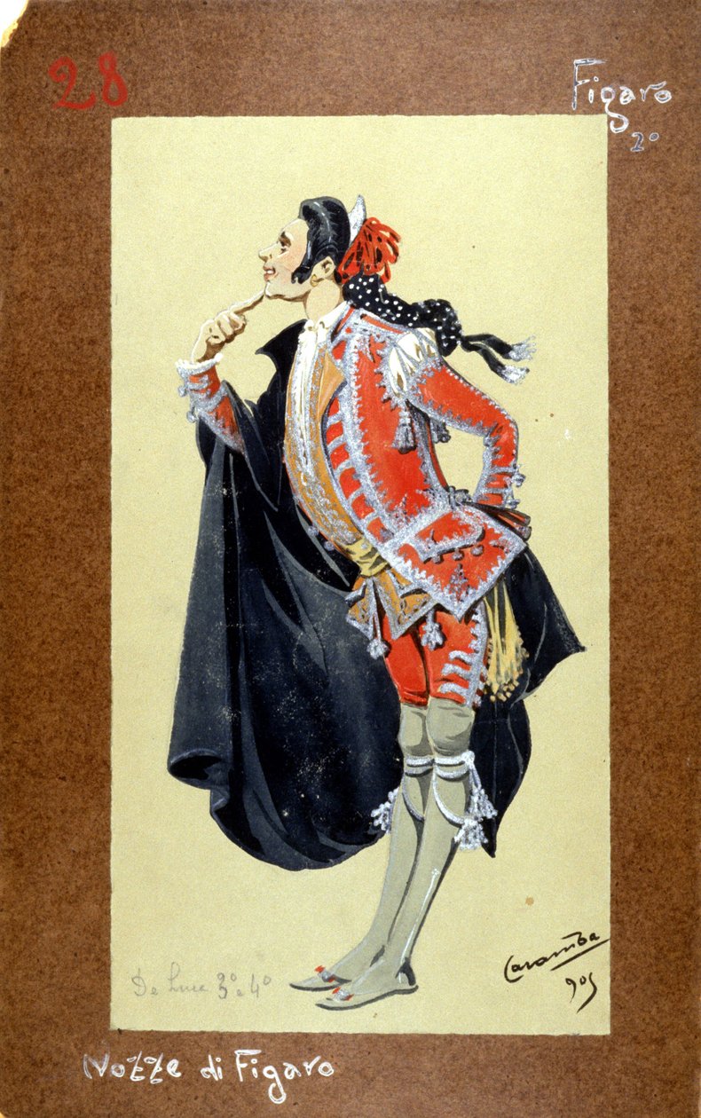 Znázornění postavy Figara, "Figarova svatba" od Wolfganga Amadea Mozarta z roku 1786. Kostým Luigi Sapelli Caramba (1865-1936) od Luigi Sapelli Caramba