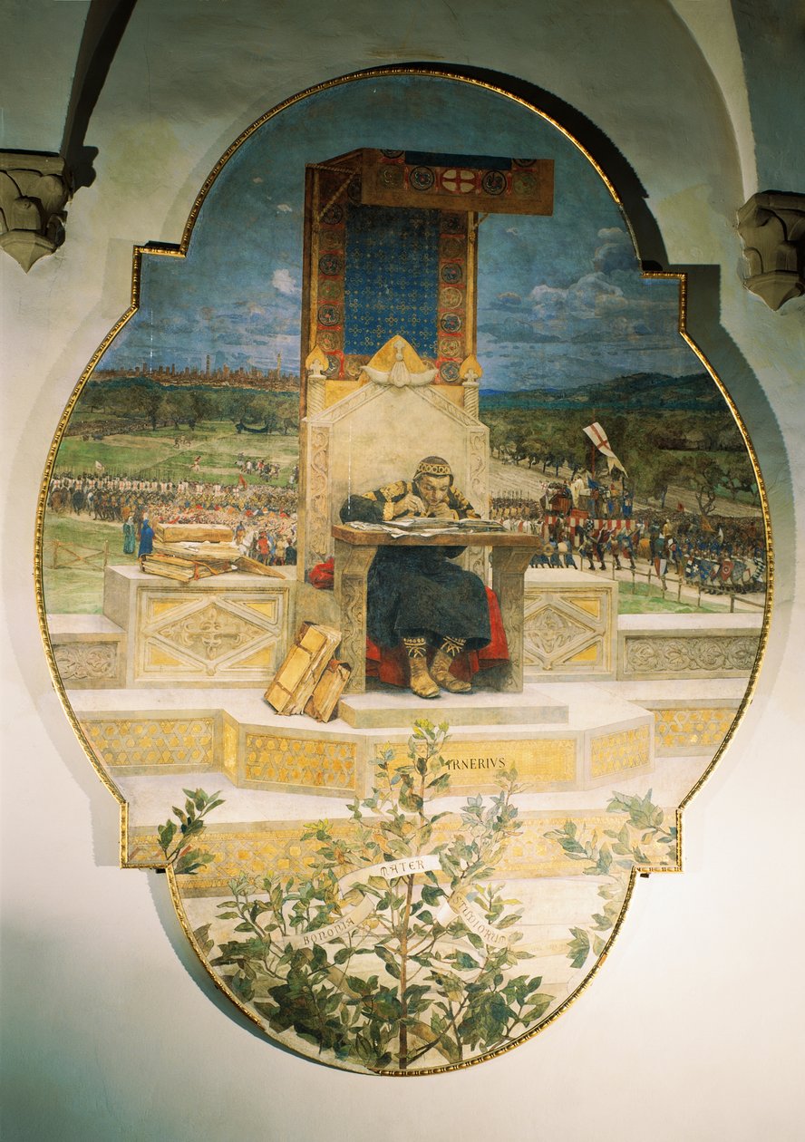 Irnerio všímající si starých zákonů, Luigi Serra (1846-1888), samostatná freska, 486x355 cm od Luigi Serra