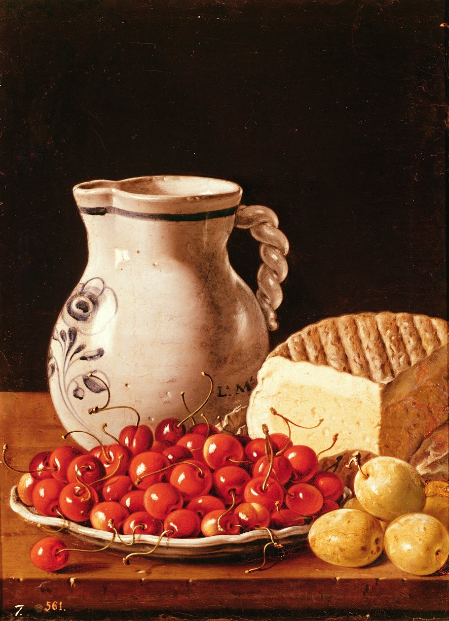 Zátiší s třešněmi, sýrem a greengages od Luis Egidio Melendez