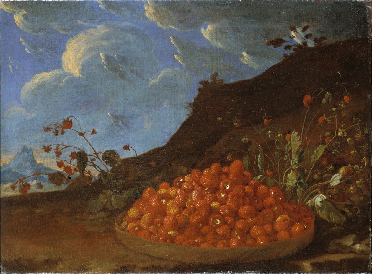 Košík lesních jahod v krajině, kolem roku 1770 od Luis Menendez or Melendez