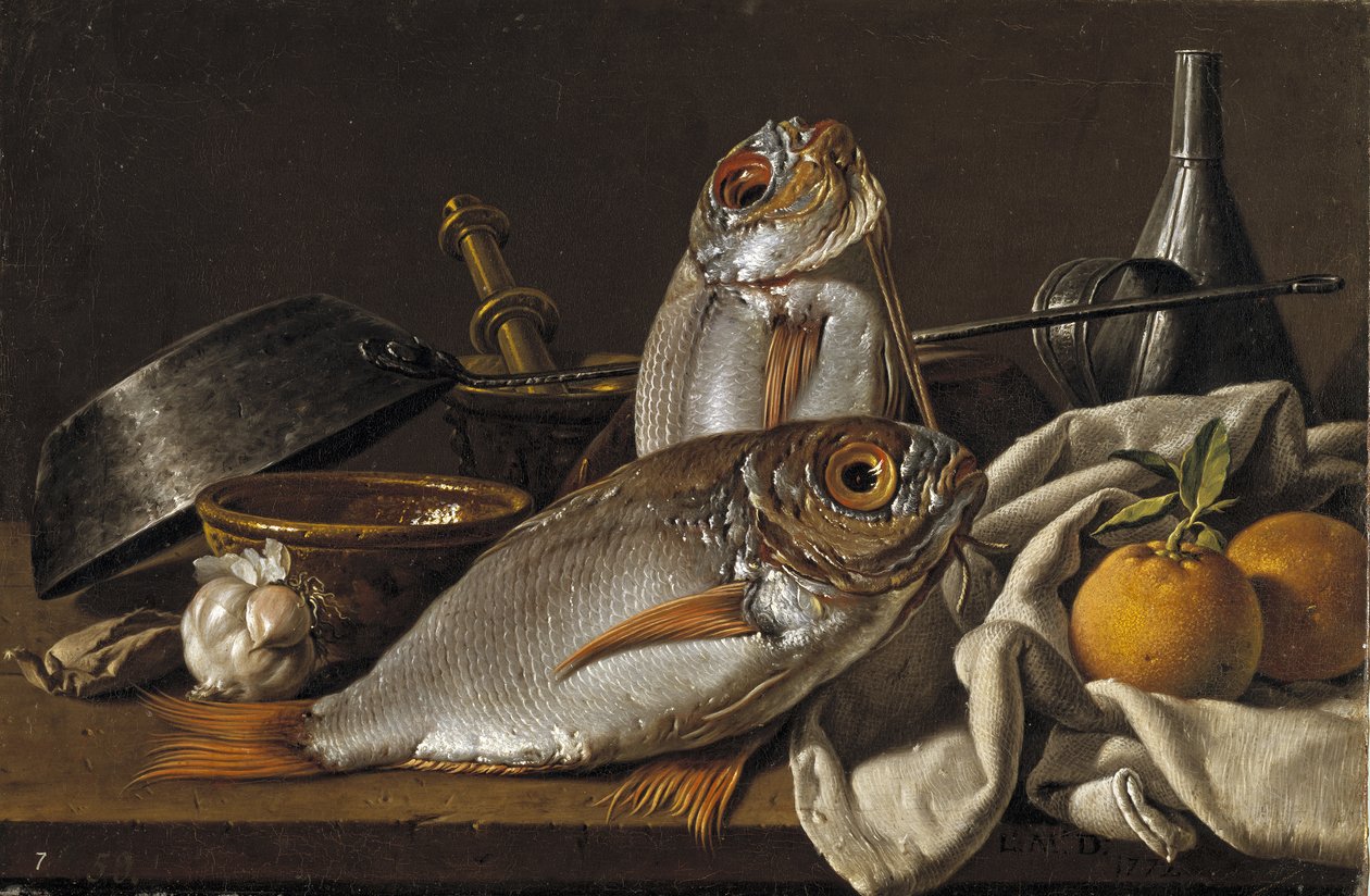 Zátiší s cejnem, pomeranči, česnekem a kuchyňským náčiním, 1772 od Luis Egidio Melendez