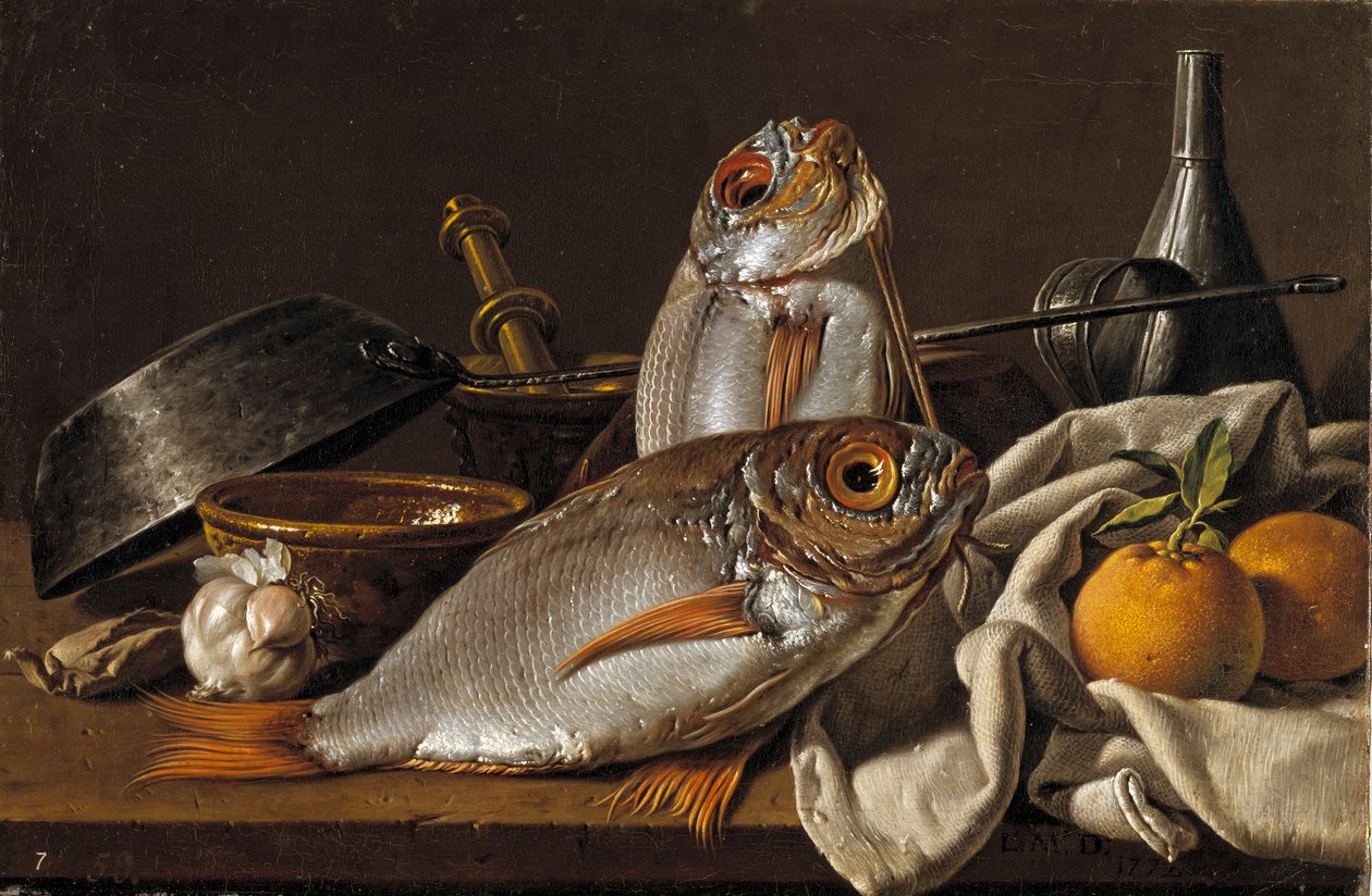 Zátiší s cejnem, pomeranči, česnekem a kuchyňským náčiním par Melendez, Luis Egidio (1716-1780) od Luis Egidio Melendez