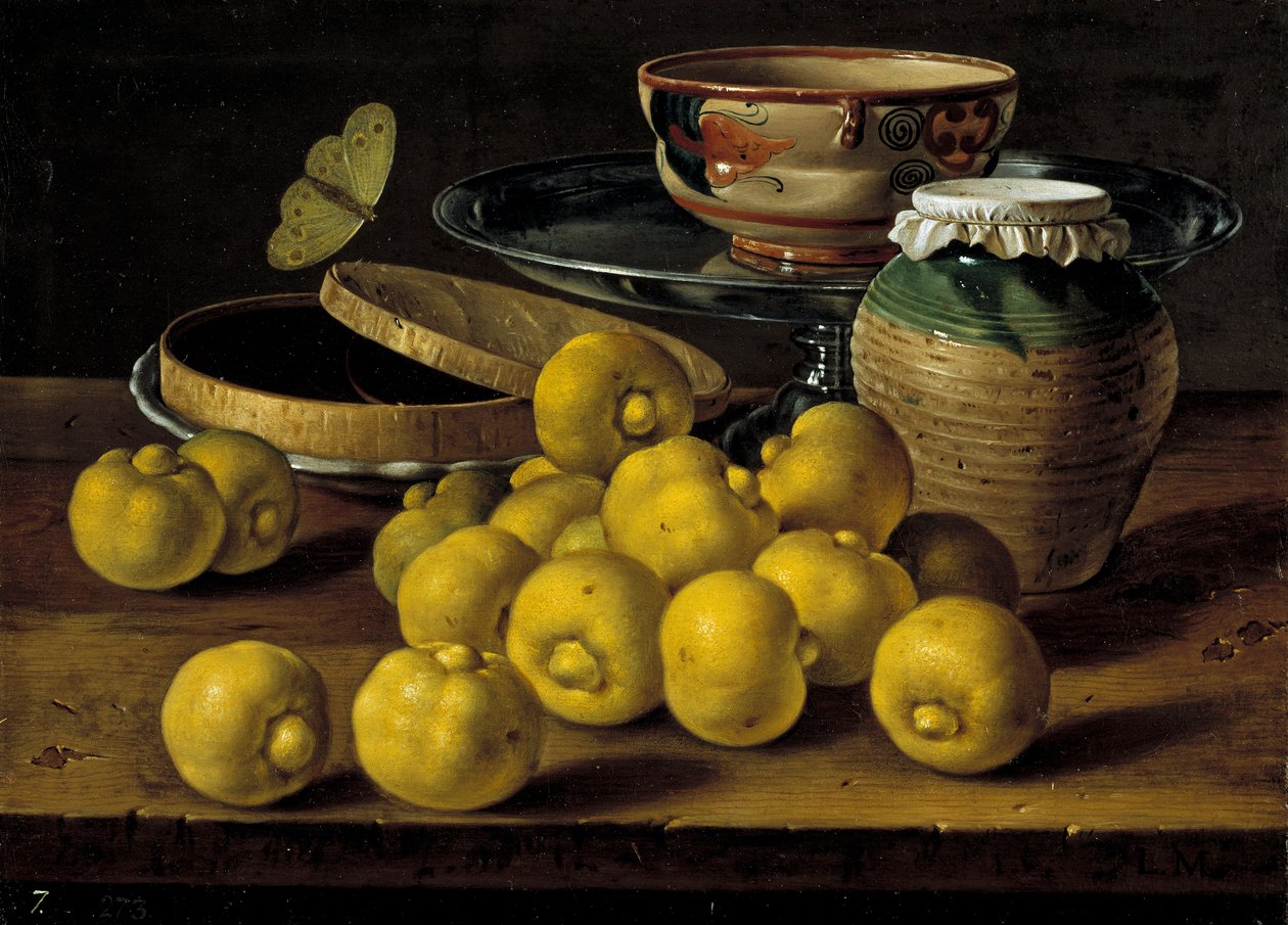 Zátiší s limetkami, džemem a motýlem par Melendez, Luis Egidio (1716-1780), druhá polovina 18. stol. - Olej na plátně, 35x48 - Museo del Prado, Madrid od Luis Egidio Melendez