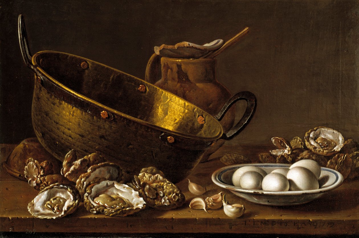Zátiší s ústřicemi, česnekem a vejci par Melendez, Luis Egidio (1716-1780) od Luis Egidio Melendez