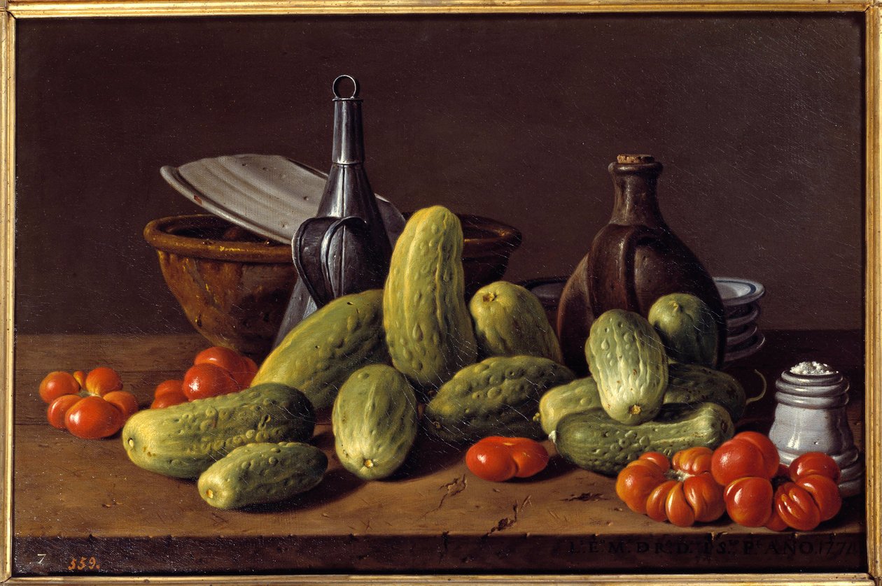Zátiší: okurky, rajčata a nádoby. Obraz Luise Melendeze (1716 - 1780) od Luis Egidio Menendez or Melendez