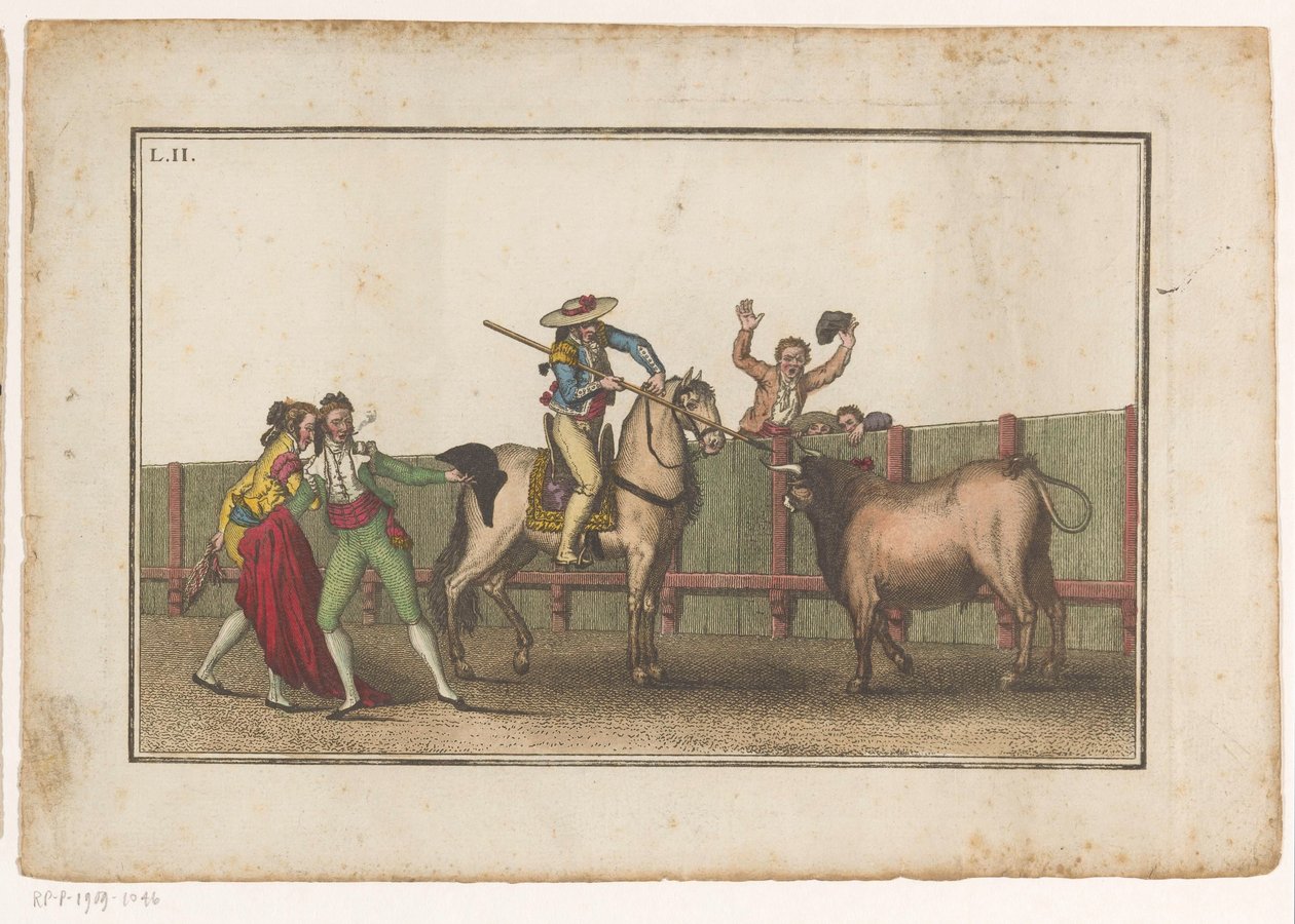 Picador míří svým kopím na býka Coleccion de las principales suertes de una corrida de toros (název série) Sbírka nejdůležitějších býčích manévrů (název série) od Luis Fernandez Noseret