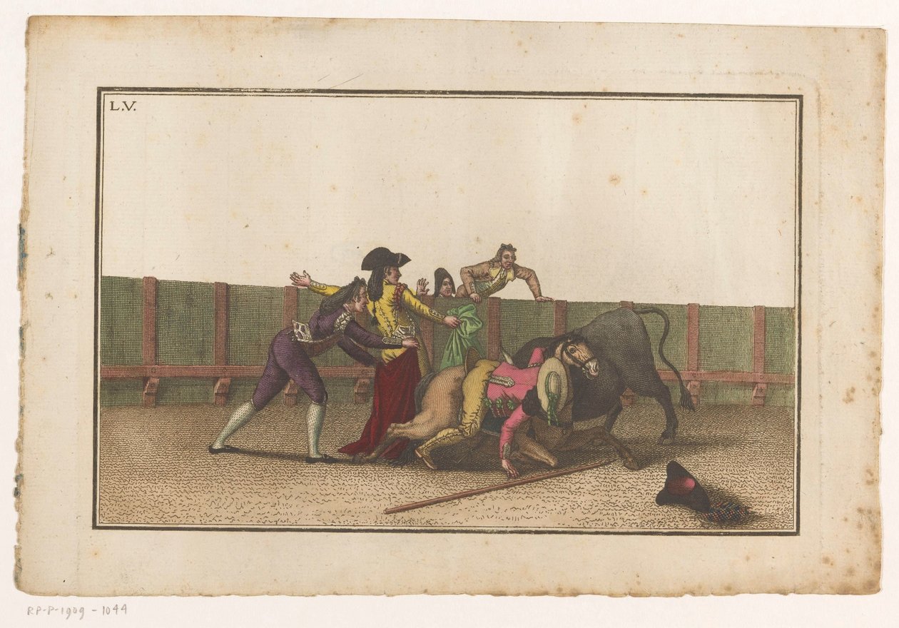 Picador spadl z koně Coleccion de las principales suertes de una corrida de toros (název série) Sbírka nejdůležitějších býčích manévrů (název série) od Luis Fernandez Noseret