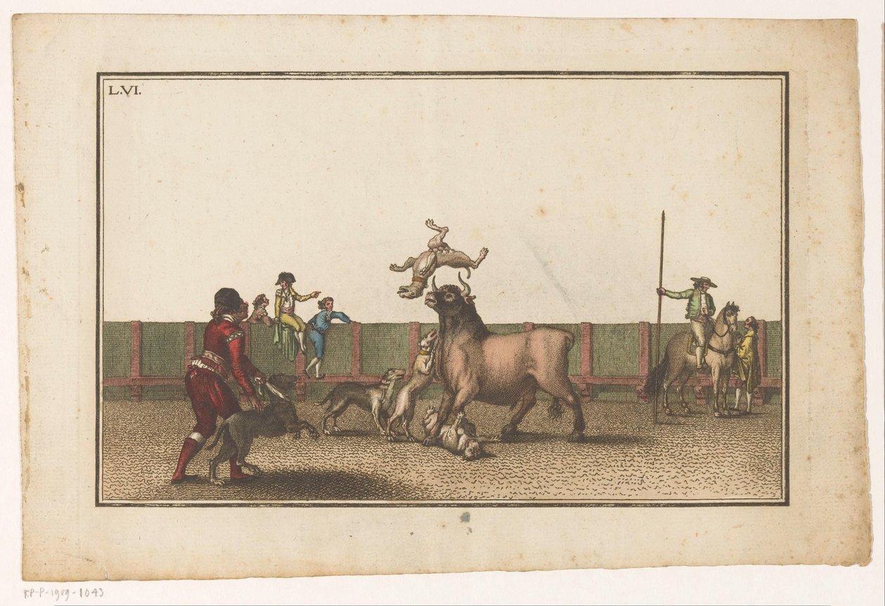 Býk napadený psy Coleccion de las principales suertes de una corrida de toros (název série) Sbírka nejdůležitějších býčích manévrů (název série) od Luis Fernandez Noseret