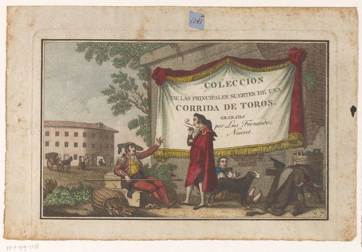 Titulní tisk s toreadory a býčí kůží Coleccion de las principales suertes de una corrida de toros (název série na objektu) Sbírka nejdůležitějších býčích manévrů (název série) od Luis Fernandez Noseret