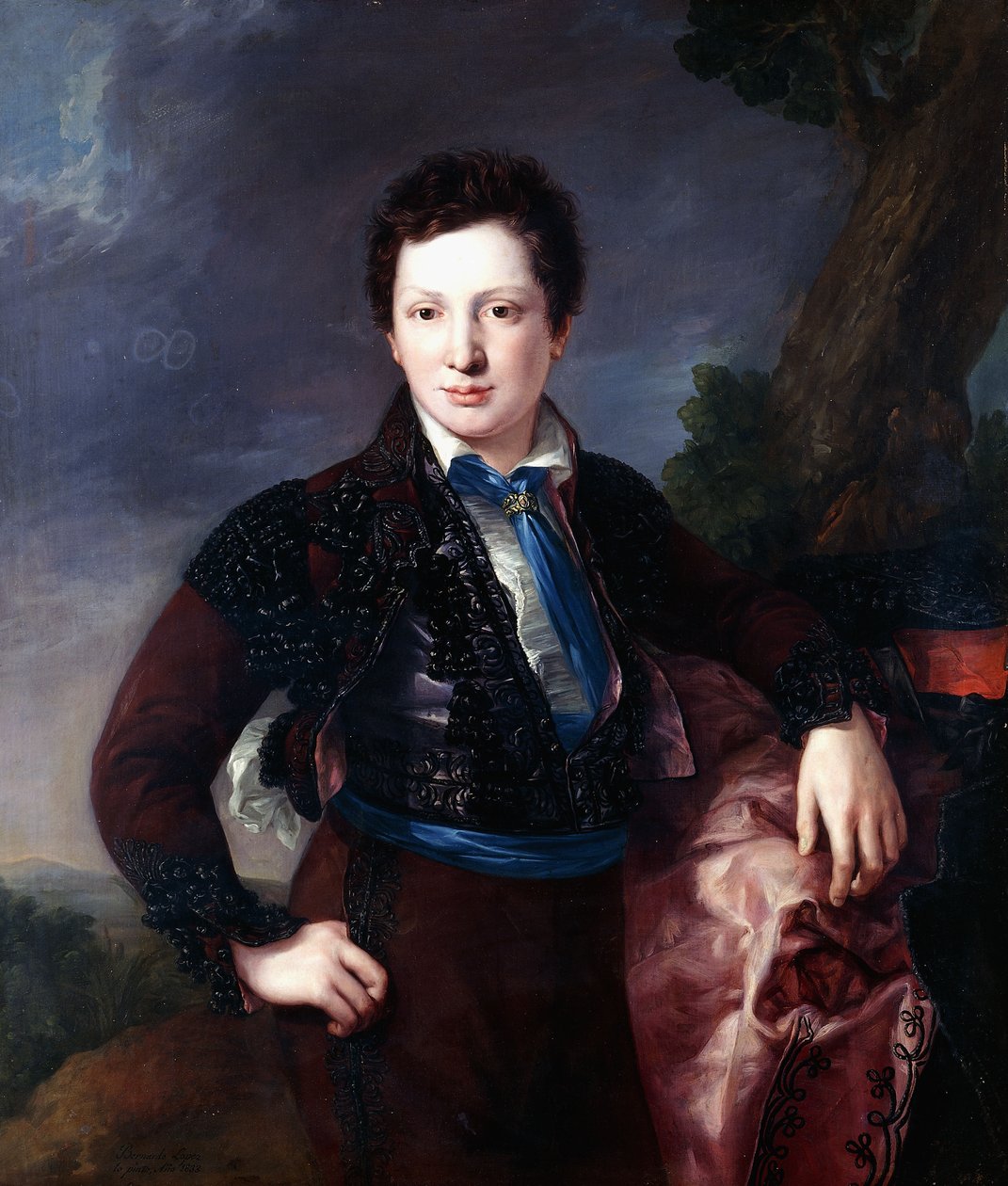Portrét Dona Matiase Edmundo Tirel y Gomez de las Casas, budoucí druhý markýz z Ulagares a vikomt z Castel Ruiz, stojící tříčtvrteční, oblečený jako Majo, 1833 od Luis Lopez Piquer