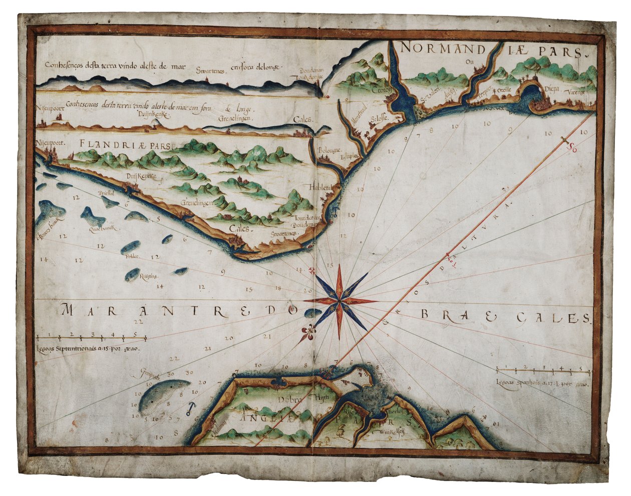 Mapa Doverského průlivu, asi 1587-88 (akvarel na pergamenu) od Luis Teixeira