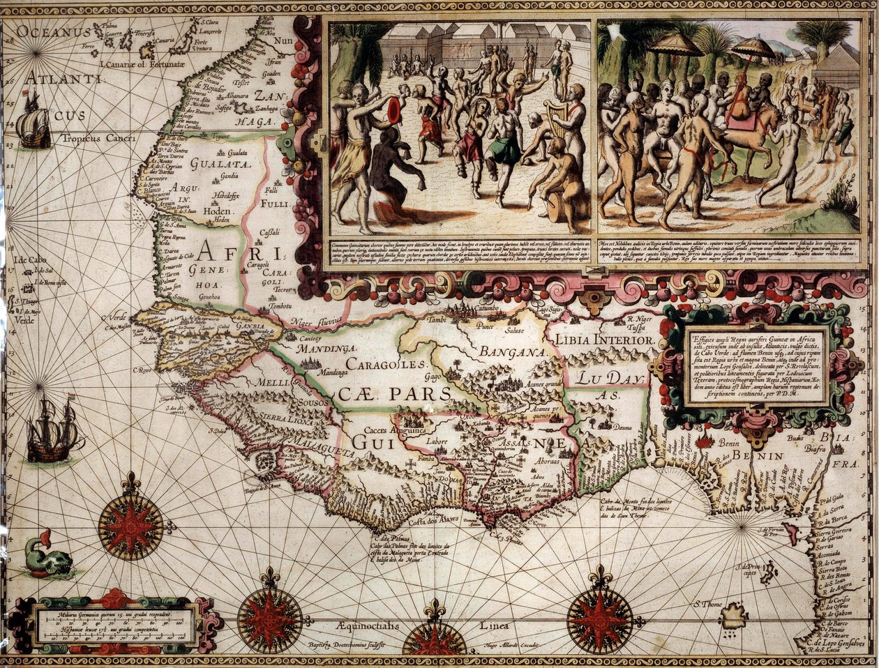 Zeměpisná mapa Guineje vytvořená kartografem Luisem Teixerou (nebo Teixeira), přibližně 1586. Vpravo nahoře znázornění taneční scény mezi domorodými (Afričany). od Luis Teixeira