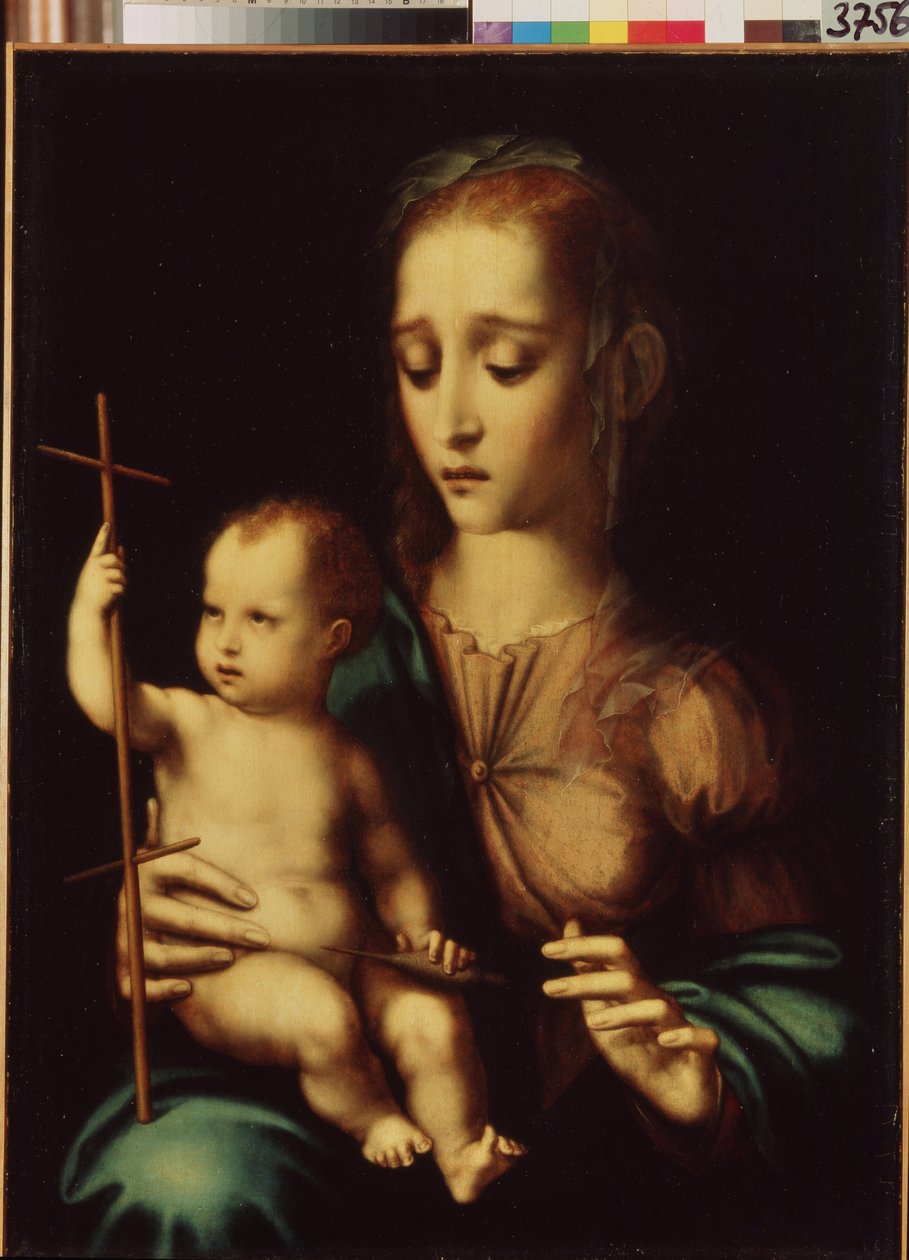 Madonna and Child with a Distaff (Madonna and Child with a Distaff). Obraz Luise de Morales (1509/20-1586), kolem 1570. Španělské umění, manýristický styl. Muzeum Ermitáž, Petrohrad. od Luis de Morales