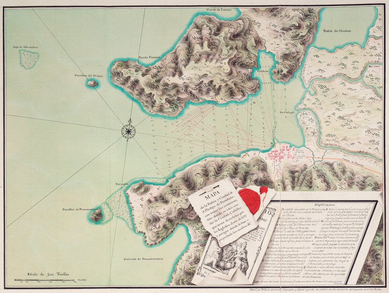Mapa zálivu a města S. Phelipe de Portobelo od Luis de Surville