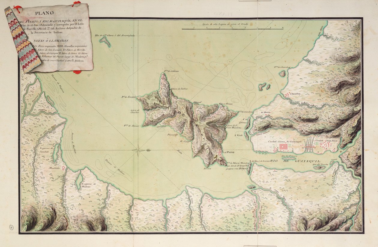 Mapa přístavu a řeky Guayaquil na Jižním moři od Luis de Surville